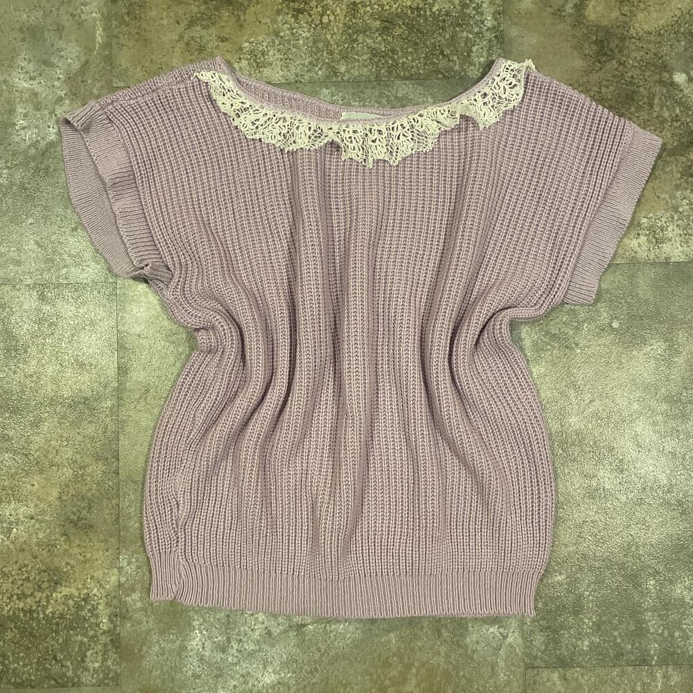 vintage lavender purple knit crochet sweater with lace trim collar size medium